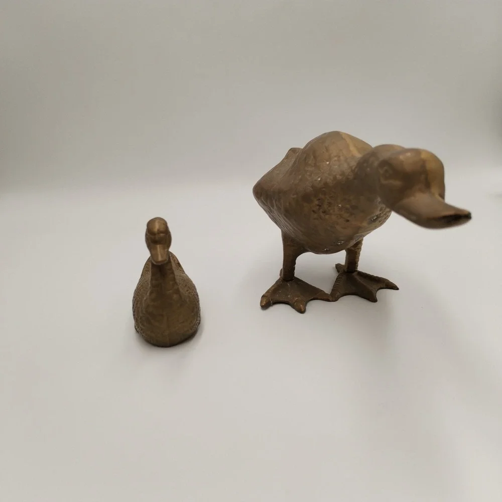 Vintage Brass Duck Figurine Set Standing Goose Duckling Heavy Metal Decor 2 Pc